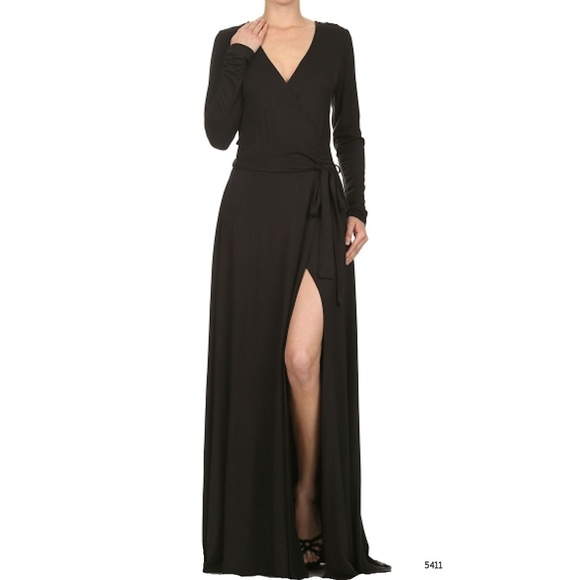 long sleeve black wrap maxi dress
